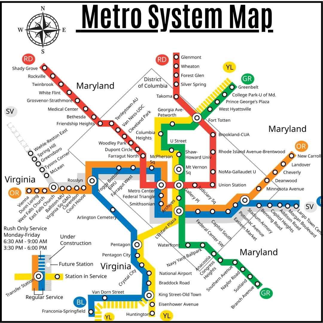 Washington DC Map with Metro Stations 